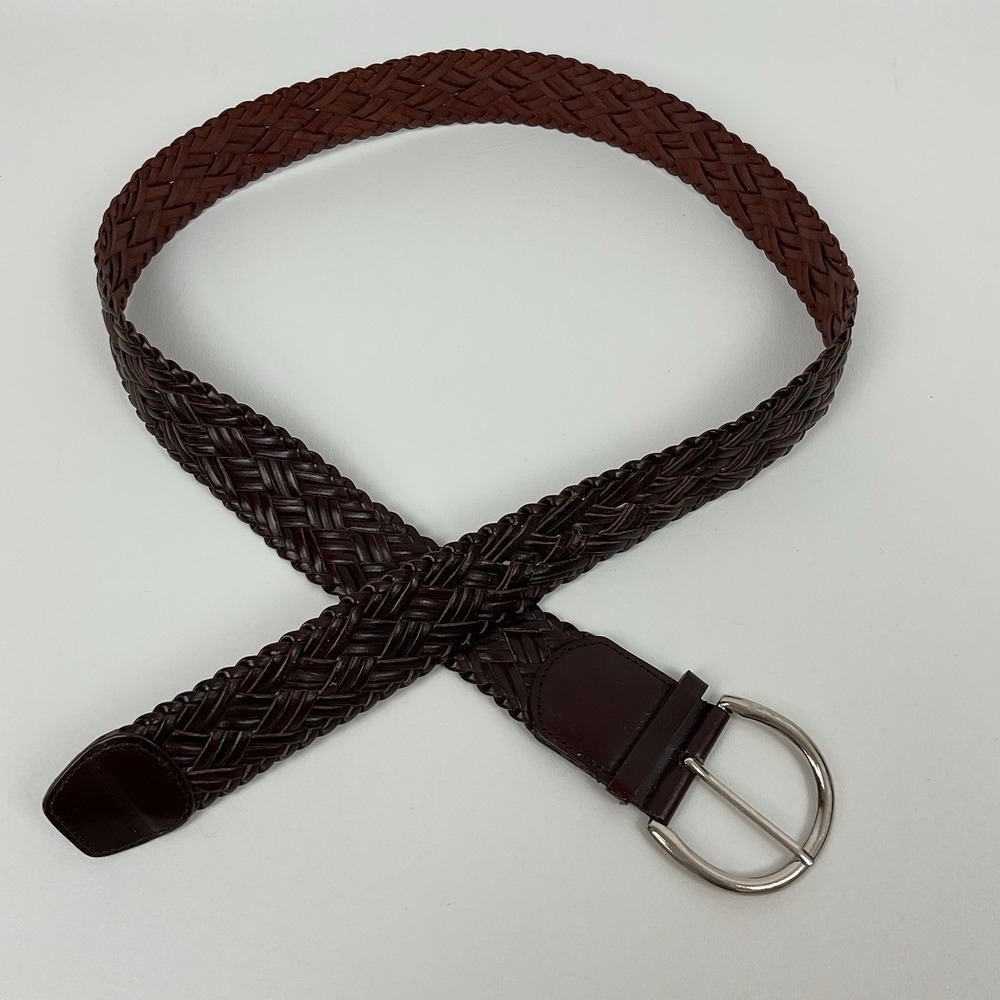 Mens Woven Leather Belt XL Brown Braided‎ Silver Buckle